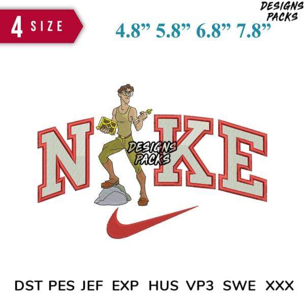 Embroidery design with cartoon character, bold 'NIKE' text, and swoosh logo in 4 sizes, compatible with DST PES JEF formats