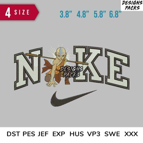Embroidery design featuring Aang from Avatar with 'NAKE' text and Nike swoosh, available in multiple sizes and formats.