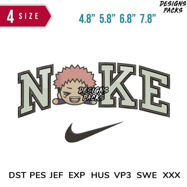 Embroidery design featuring cartoon character in 'NOKE' lettering with Nike swoosh, available in multiple sizes and formats
