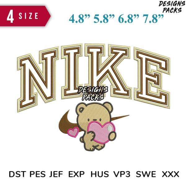 Nike varsity lettering with teddy bear holding heart, embroidery design in 4 sizes, DST PES JEF formats