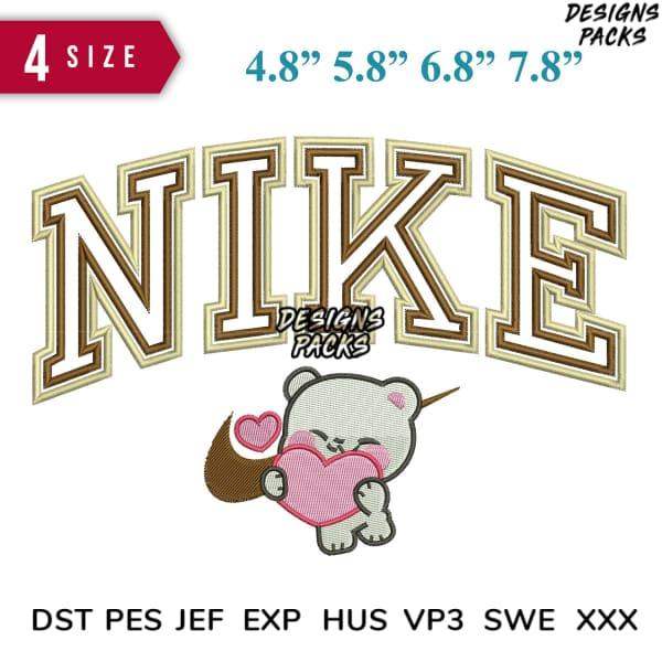Cute bear holding pink heart with bold Nike-style lettering, embroidery design in 4 sizes, DST PES formats