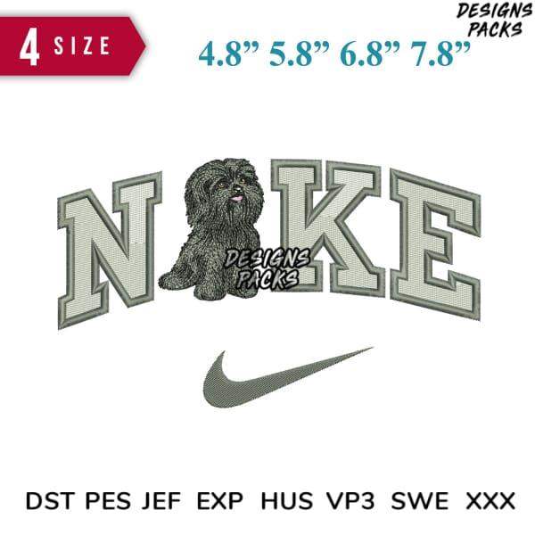 Embroidery design featuring a dog in 'NAKE' text with Nike swoosh, available in multiple sizes and formats