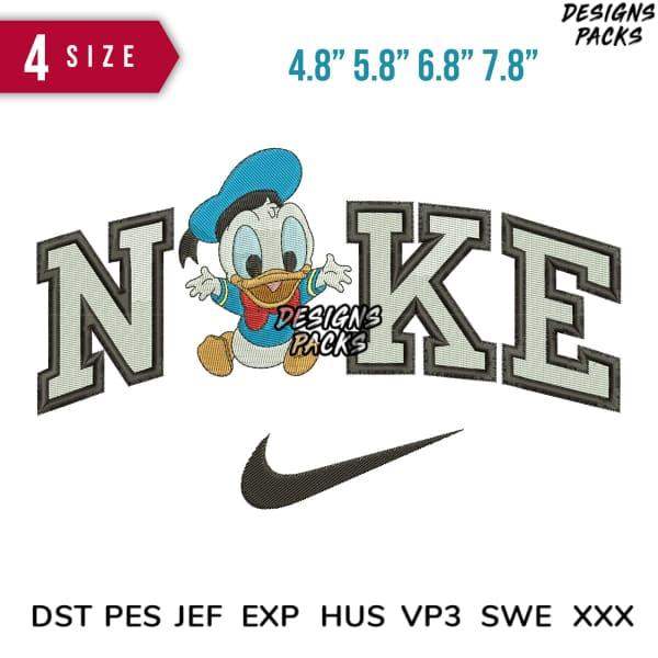 Donald Duck in Nike-style embroidery design with 4 sizes, DST PES formats for instant download