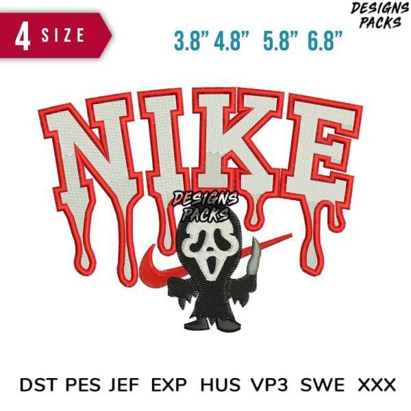 Embroidery design featuring dripping 'NIKE' text with Scream mask character, available in PES, DST, JEF formats