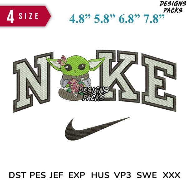 Cute Yoda embroidery design with 'NOKE' text & Nike swoosh, 4 sizes, DST PES JEF formats