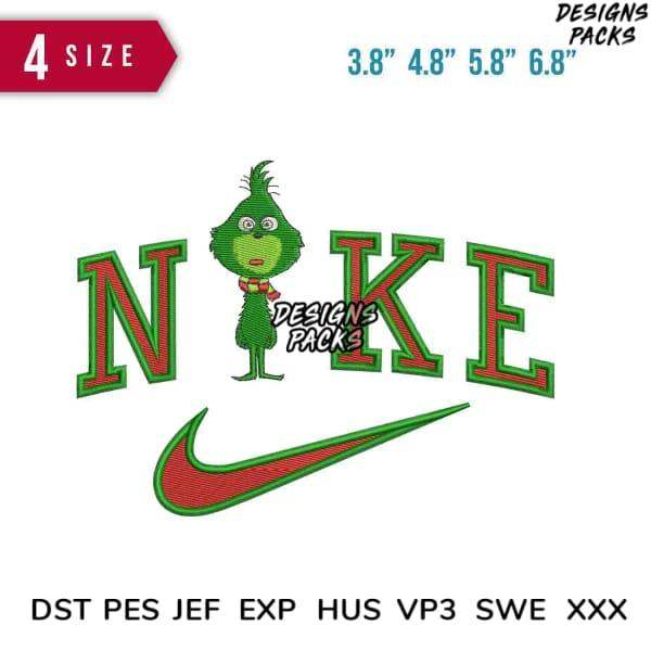 Grinch-inspired Nike parody embroidery design in 4 sizes, compatible with DST PES JEF formats for instant download.