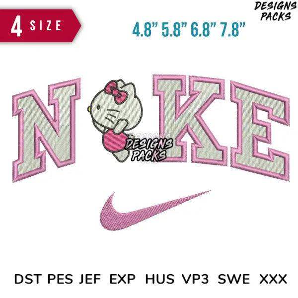 Pink embroidered 'NOKE' with Hello Kitty, Nike swoosh, 4 sizes, PES DST formats for embroidery machines