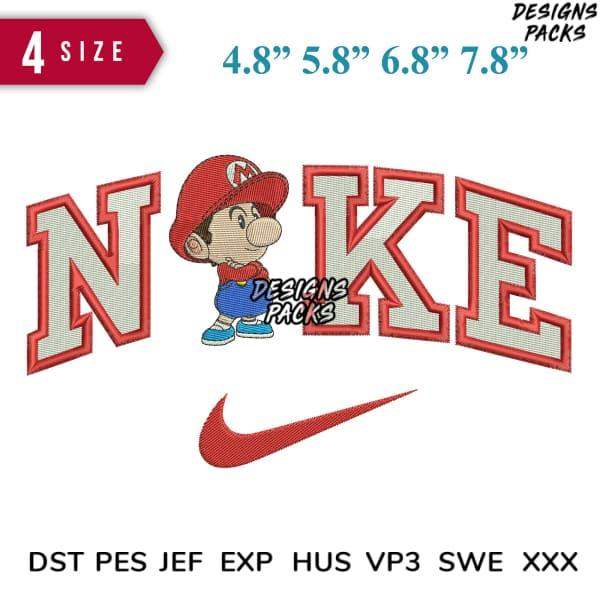 Mario in Nike-style embroidery design with 4 sizes, DST PES formats for instant download