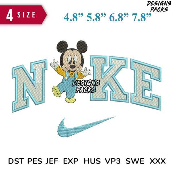 Mickey Mouse embroidery design with Nike-style lettering, available in 4 sizes and multiple file formats