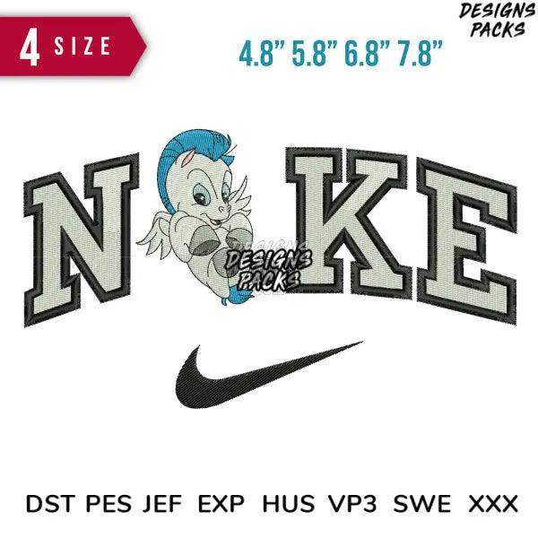 Embroidery design featuring cartoon character with 'NIKE' text and swoosh, available in multiple sizes and formats