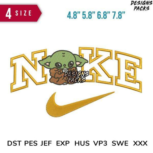 Baby Yoda holding cookie with Nike-style embroidery design in 4 sizes, DST PES JEF formats