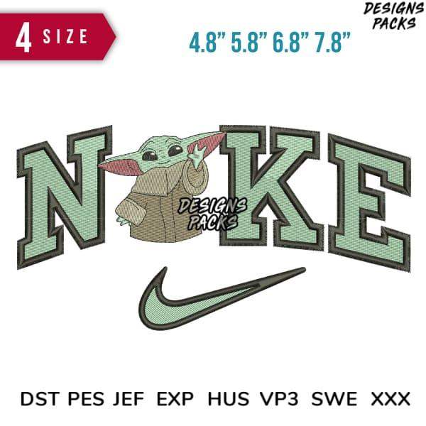 Baby Yoda in Nike-style embroidery design, 4 sizes, DST PES JEF formats, print-ready for apparel