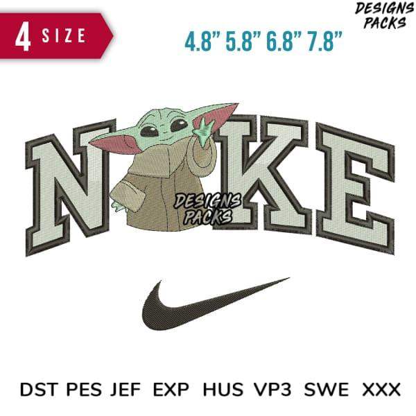 Baby Yoda in Nike-style embroidery design, 4 sizes, PES DST formats for instant download