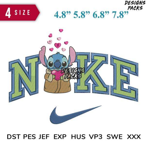Stitch embroidery design with Nike logo, hearts, and 4 sizes. Print-ready DST, PES, JEF formats.