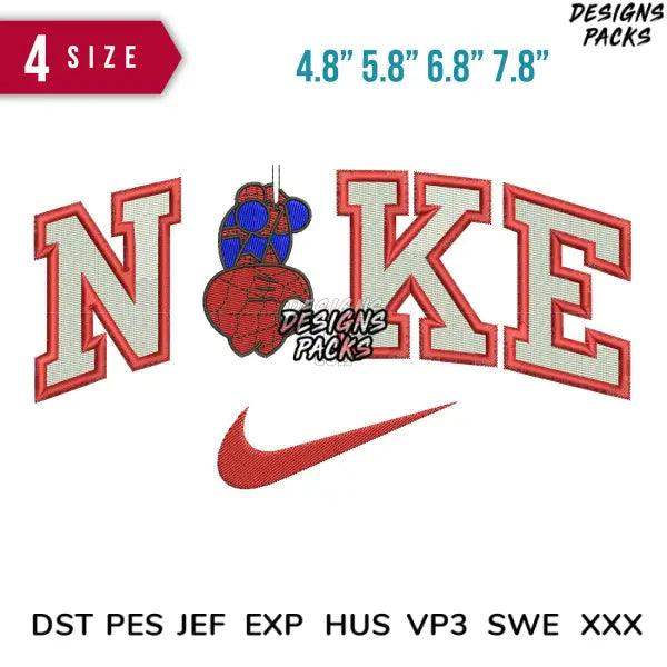 Embroidery design with 'NOKE' text, Spider-Man graphic, and Nike swoosh in red, available in multiple sizes and formats.