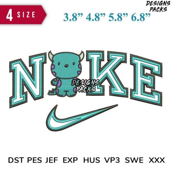 Embroidery design with 'NOKE' text, monster graphic, and swoosh in teal, available in multiple sizes and formats