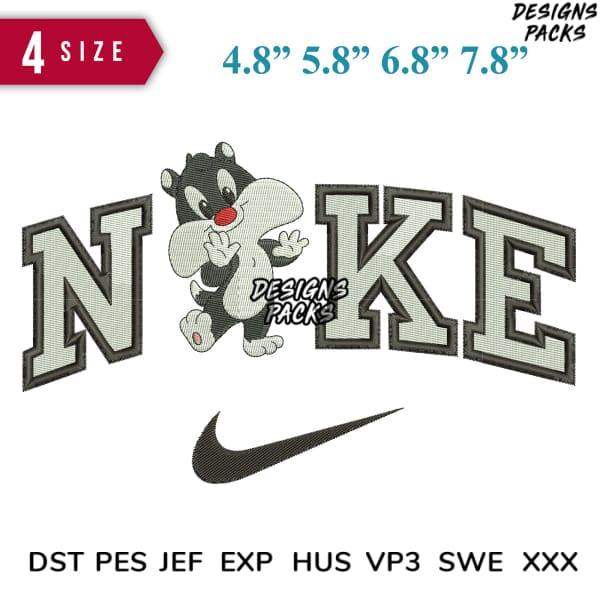 Embroidery design featuring cartoon character with 'NOKE' text and swoosh, available in 4 sizes, DST PES formats