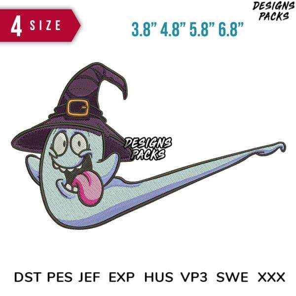 Funny witch ghost embroidery design in 4 sizes, print-ready PES DST JEF formats for Halloween projects