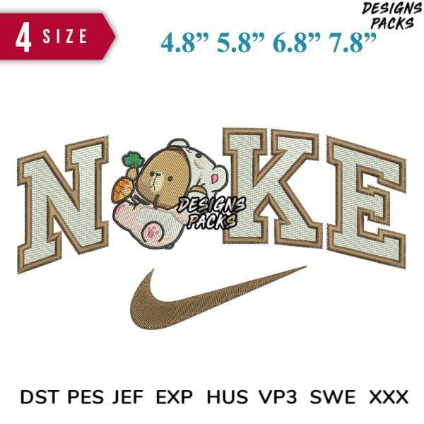 Cute embroidered teddy bear with carrot in 'NOKE' lettering, Nike swoosh, 4 sizes, DST PES formats