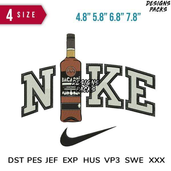 Bacardi bottle embroidered design with Nike-style lettering, available in multiple sizes and formats for embroidery machines.