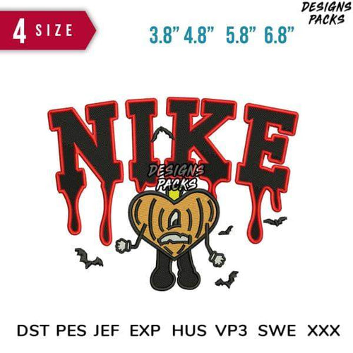 Halloween-themed embroidery design with dripping 'NIKE' text, heart monster, and bats in 4 sizes, PES/DST formats