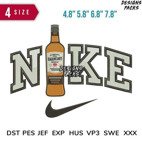 Embroidery design featuring 'NIKE' with whiskey bottle, 4 sizes, DST PES JEF formats