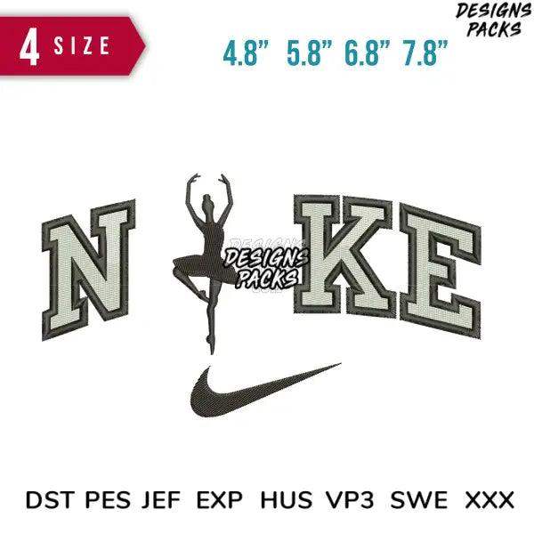 Nike-inspired dance embroidery design in 4 sizes, compatible with DST PES JEF formats for instant download.