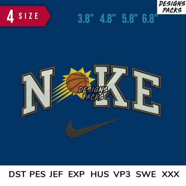 Embroidery design with 'NOKE' text, basketball, sunburst, and swoosh in 4 sizes, DST PES JEF formats