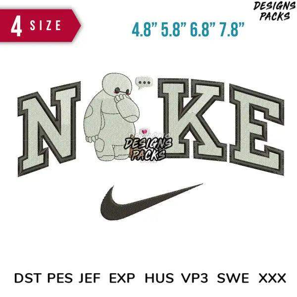 Embroidery design featuring Baymax with 'NIKE' text and swoosh, available in multiple sizes and formats