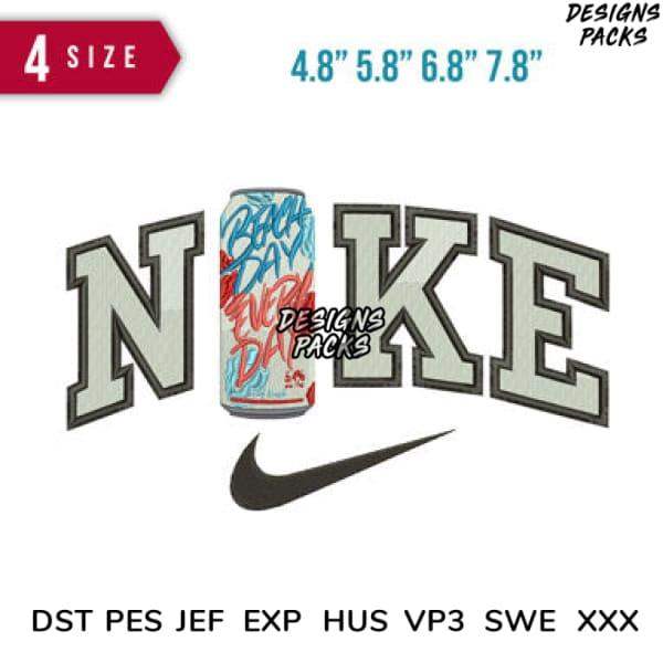 Nike-inspired embroidery design with soda can graphic, available in 4 sizes and multiple file formats for instant download.
