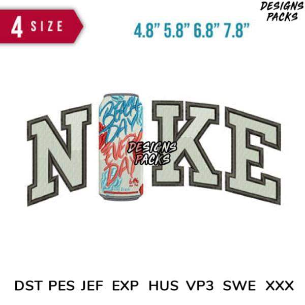Embroidery design featuring 'NIKE' with soda can graphic, available in 4 sizes, DST PES JEF formats