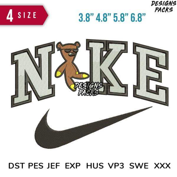 Embroidery design with teddy bear in 'NIKE' lettering, 4 sizes, DST PES JEF formats, print-ready
