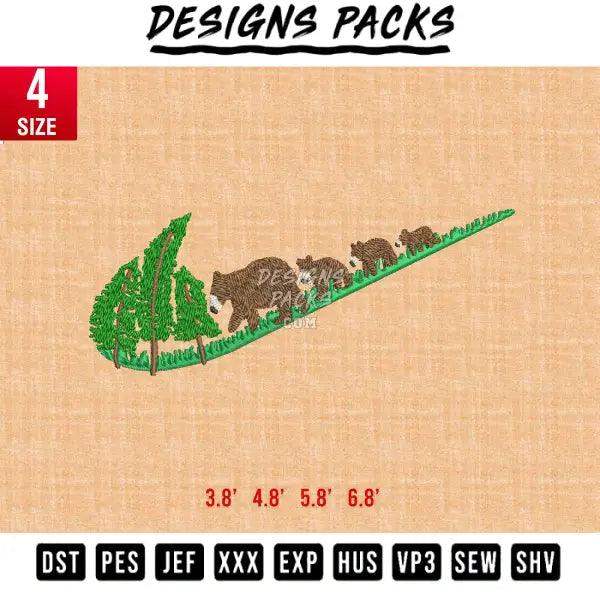 Swoosh bear and tree Embroidery Design 