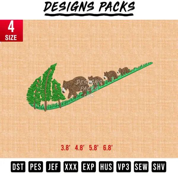 Swoosh bear and tree Embroidery Design 