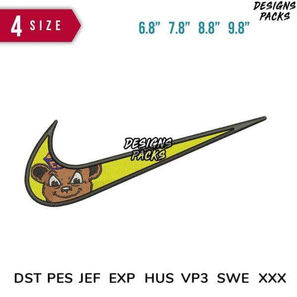Embroidery design featuring cartoon bear in Nike-style swoosh, available in PES, DST, JEF formats for instant download.