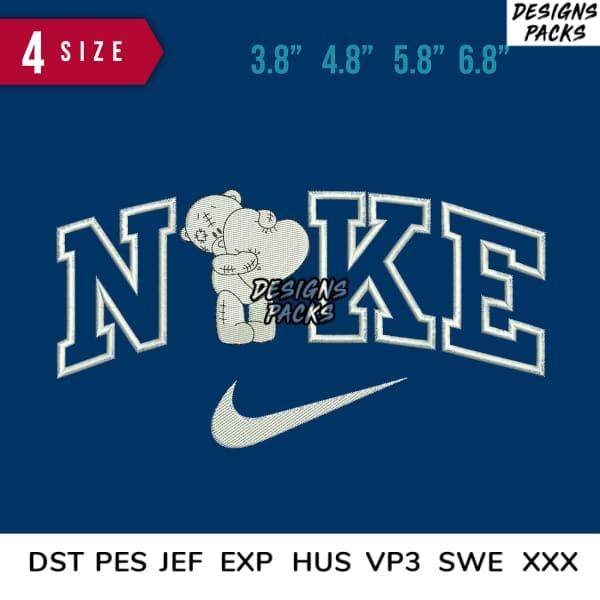 Embroidery design featuring teddy bear in Nike-style lettering, available in multiple sizes and formats