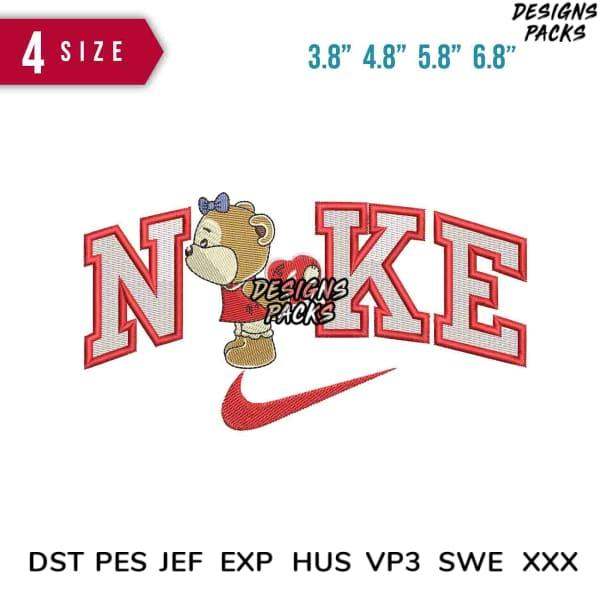 Cute teddy bear in red shirt with 'NIKE' lettering and swoosh, embroidery design in 4 sizes, DST PES formats