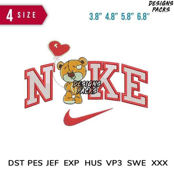 Cute teddy bear with heart balloon and Nike-style logo embroidery design in multiple sizes