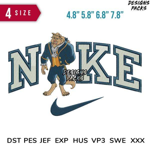 Embroidery design featuring Beast character with Nike-style swoosh, available in multiple sizes and formats