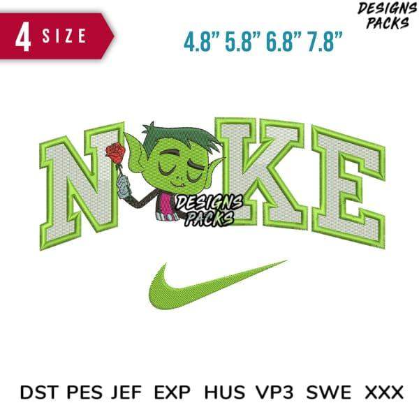 Green elf holding rose inside 'NIKE' text, embroidery design with 4 sizes, DST PES JEF formats