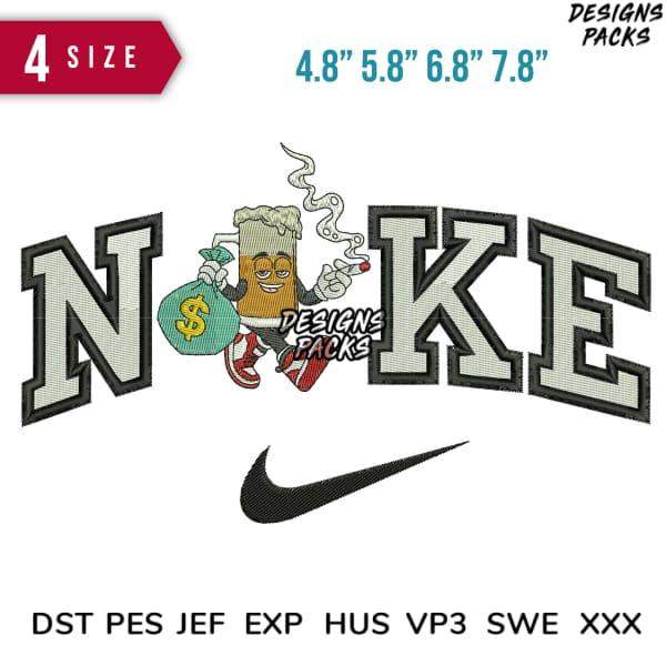 Embroidery design with cartoon beer mug holding money bag, 'NOKE' text, Nike swoosh, 4 sizes, DST PES formats
