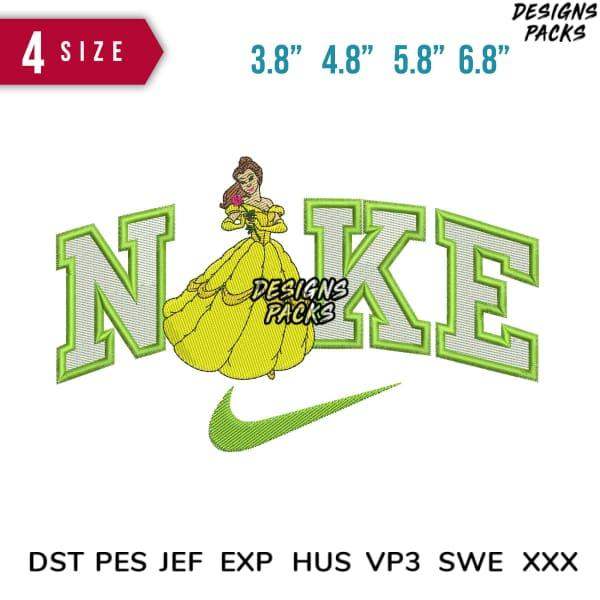 Belle in yellow dress with Nike logo embroidery design, available in multiple sizes and formats