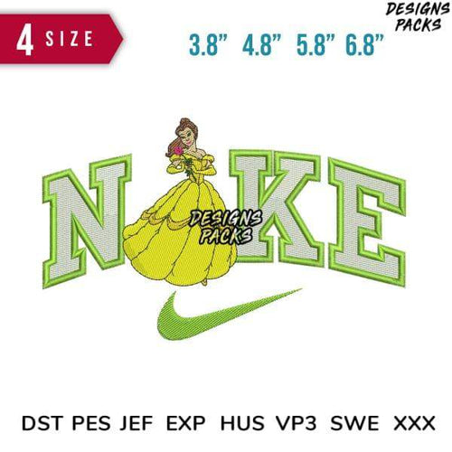 Belle in yellow dress with Nike logo embroidery design, available in multiple sizes and formats