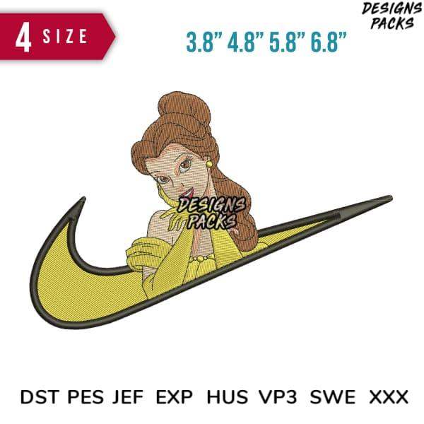 Belle Disney princess embroidery design in Nike swoosh, available in multiple sizes and formats