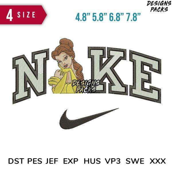 Belle Disney character embroidery design with 'NAKE' text and Nike swoosh, available in 4 sizes and multiple formats