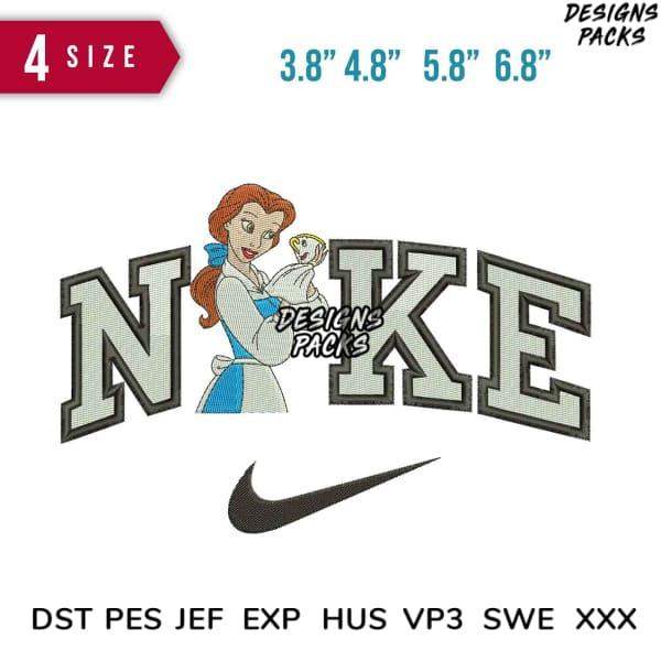 Belle Disney embroidery design with Nike swoosh, 4 sizes, DST PES JEF formats for machine embroidery