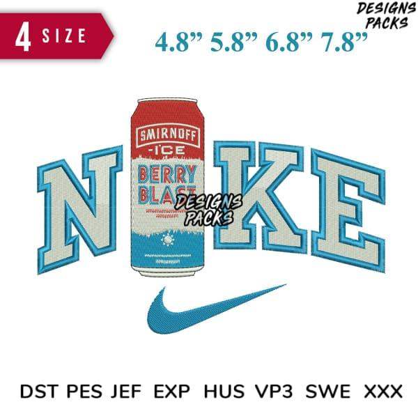 Nike-style embroidery design with Smirnoff Ice can, 4 sizes, DST PES formats for instant download
