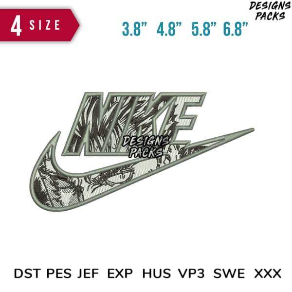Embroidery design of Nike-style logo with palm tree pattern, available in 4 sizes and multiple file formats