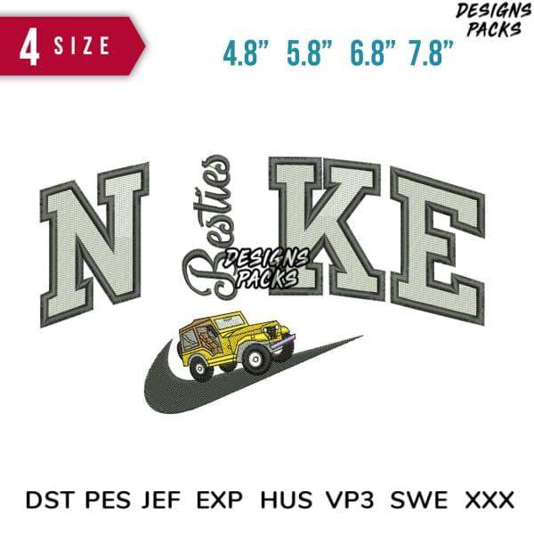 Embroidery design featuring 'NIKE' text with yellow jeep on swoosh, available in multiple sizes and formats