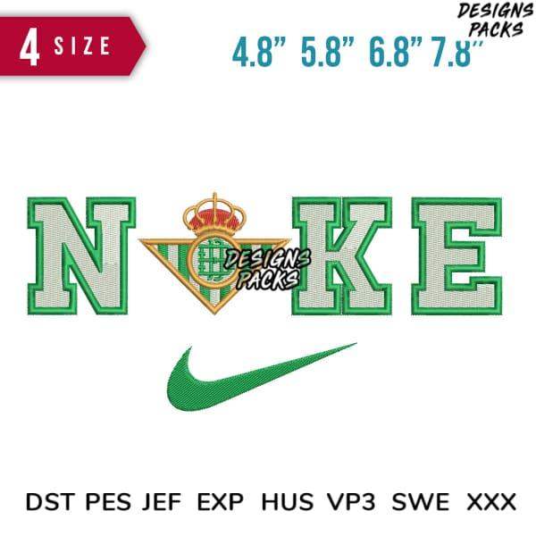 Embroidery design with green 'NOKE' text, crown emblem, and Nike swoosh in 4 sizes, PES/DST formats